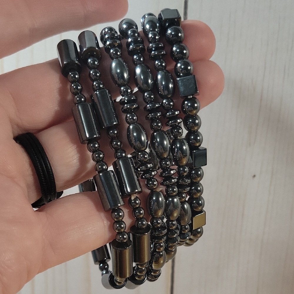 Black Hemotite Beaded Bracelet Set 5 various sizes,fits up to wrist size 8
